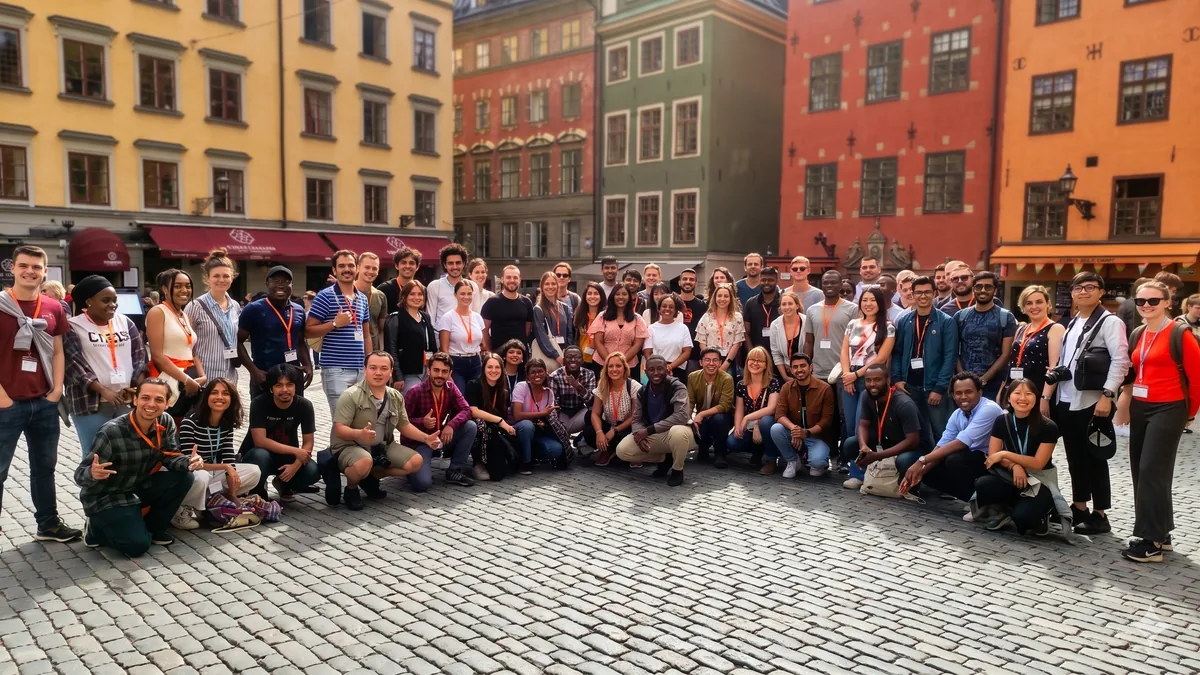 Treasure Hunt Stockholm-team på en upplyst gård i Stockholm om kvällen